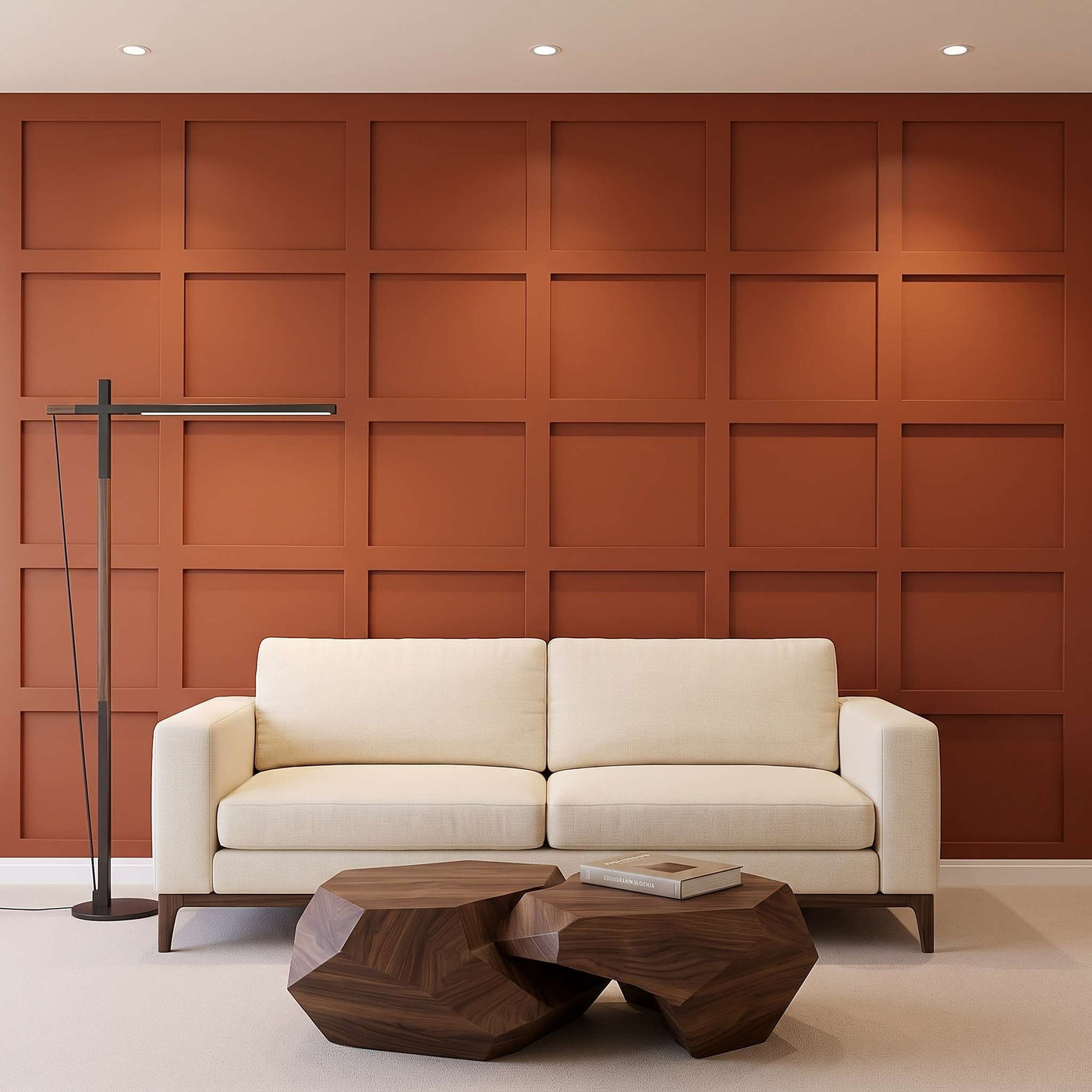 Rust orange grid-style board-and-batten wall in a living room